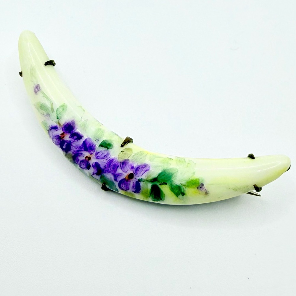 Antique Hand Painted Porcelain  Floral Crescent Moon  brooch